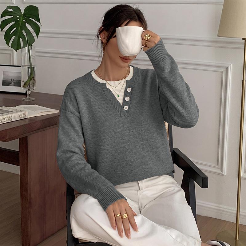 2026 Autumn/Winter Casual Knit V-neck Henley Collar Loose Sweater for Women