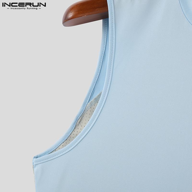 INCERUN Summer Men Sleeveless Back Patchwork Stretch Skinny Tank Tops T-shirts