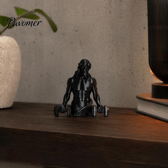 Compact Gym Sculpture 3D Printed Muscle Man Figurine with Dumbbells, Mini Desk Decor for Home Office Lightweight Workout Shelf, Matte Black