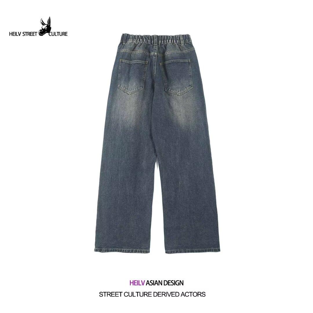 

Осенние прямые джинсы мужские потертые повседневные модные брендовые уличные дизайнерские ощущения, прочные и красивые ретро плиссированные брюки длиной до пола M темно-синий