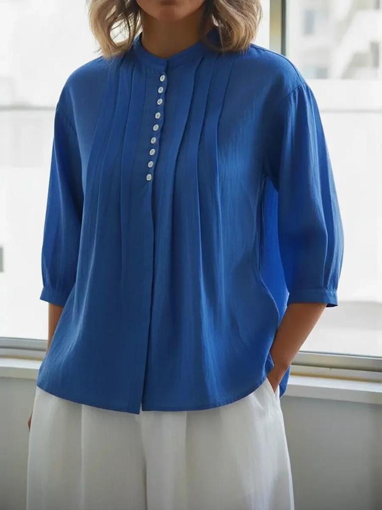 2026 Spring/Summer Women's Pure Cotton Pleated Button-Up Shirt - Solid Color, European & American Style
