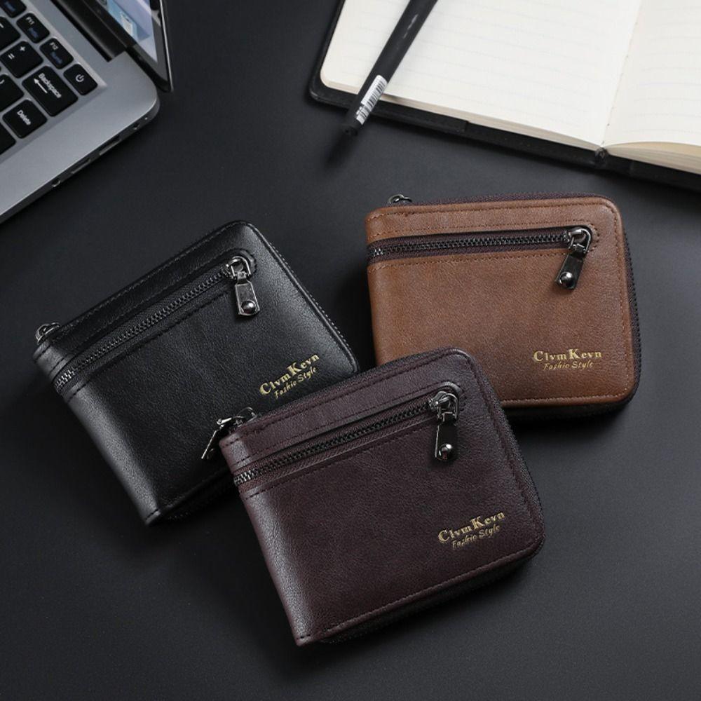 Fashion PU Leather Men Wallet ID Card Holder Zipper Short Leather Purses Business Credit Card Thin Wallet for Men Girls