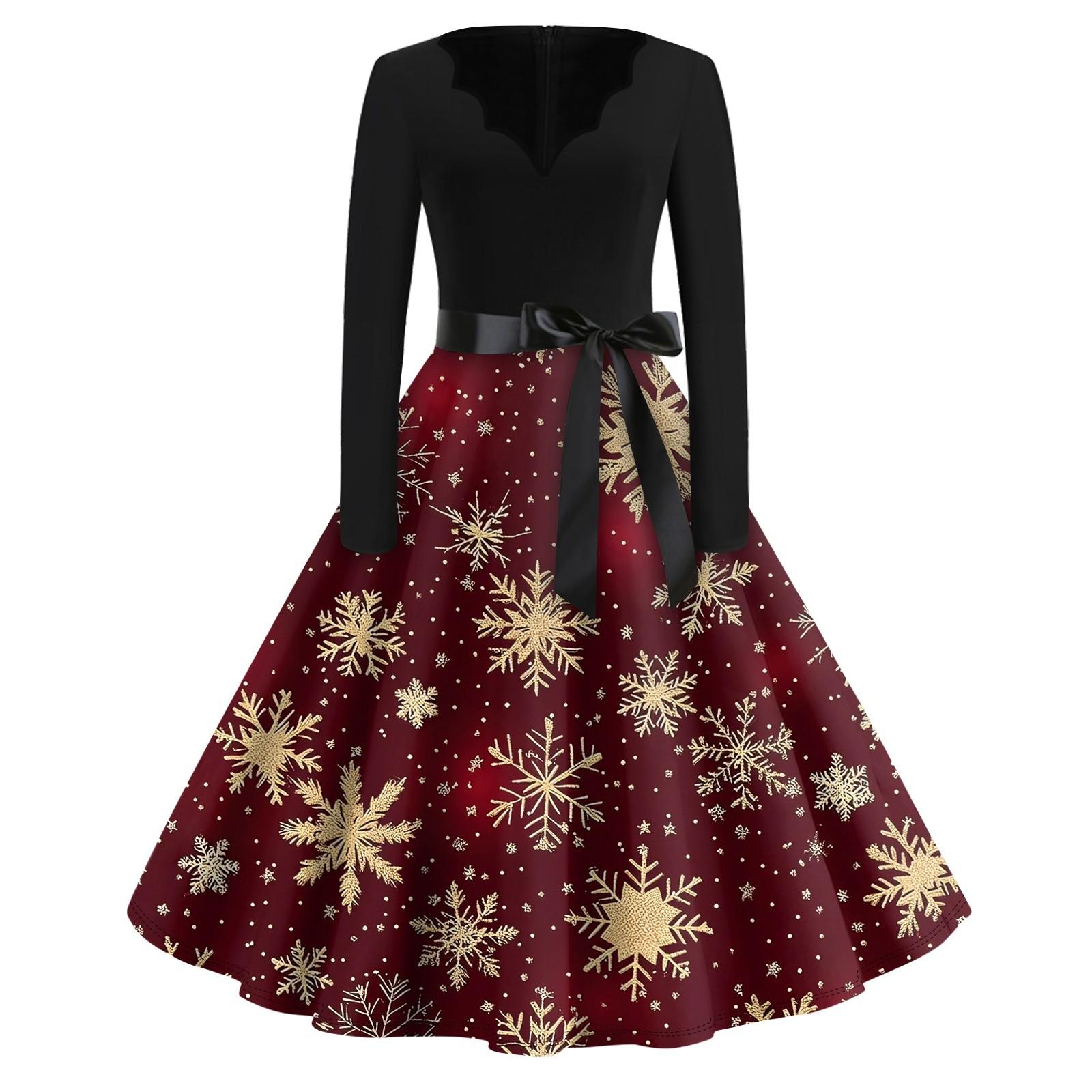 

Сукня-кльош із різдвяним принтом для жінок. Повсякденні сукні з довгими рукавами XXL Кіновар