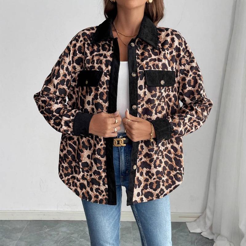 Women S Corduroy Leopard Print Casual Open Front Jacket