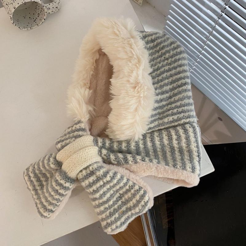 

Autumn Winter Japanese Style Cute Plush Ear Protection Scarf Hat Integrated Knitted Fleece Lined Thickened Warm Wool Lei Feng Hat One Size серый