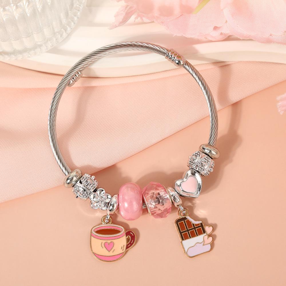 Cute Cartoon Bear Angel Heart Beaded Bracelet Stainless Steel Valentine Gift for Her Girlfriend Women