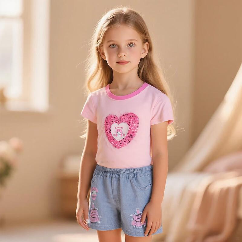 Hello Kitty Girls  Ruffle Heart Short Sleeve & Denim Shorts Summer Set 110