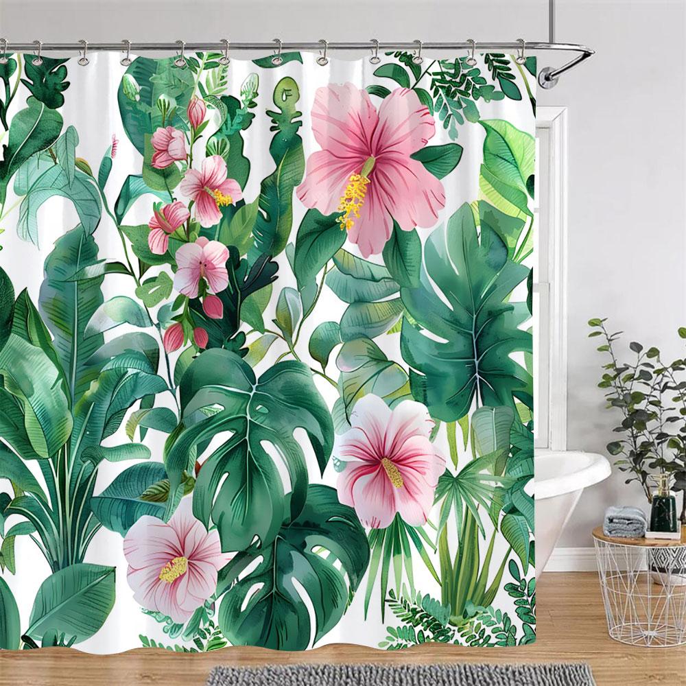 Tropical Plants Floral Shower Curtain Green Palm Leaves Pink Flowers Polyester Fabric Shower Curtains Bathroom Decor With Hooks