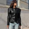 Winter Slim Fit Leather Jacket Women Round Neck Single Breasted Ruffle Hem Short Coat Sexy Style