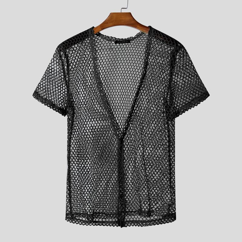 

INCERUN Летние мужские рубашки с коротким рукавом и одной пуговицей, пляжные рубашки с открытыми плечами 3XL чёрный