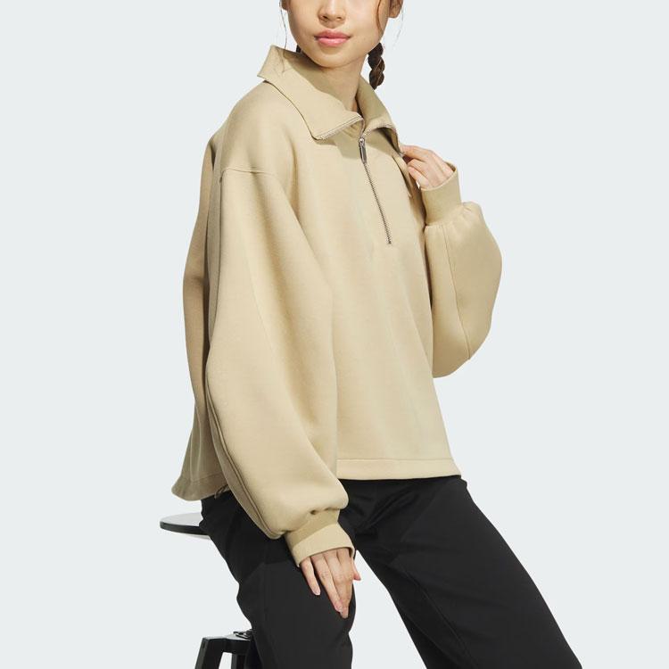 Adidas Spacer 1/2 Zip Track Top Solid Color Loose Fit Pullover Sweatshirt Women Tops Light-Khaki JJ3796