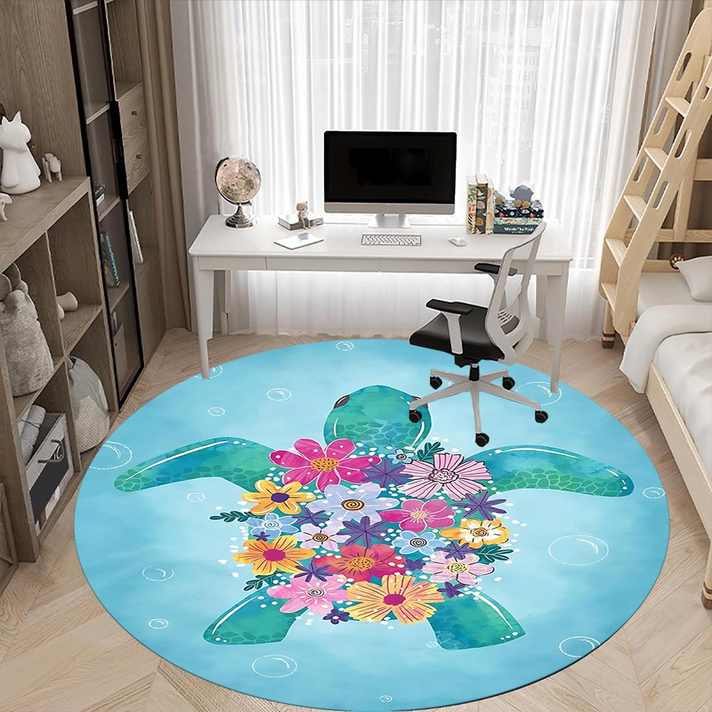 1pcSea Turtle Flowers Office Round Area Rug, Indoor Mat Suitable ForOffice, Under Office Chairs Bedroom Living Room Home Decor, Room Deco 094
