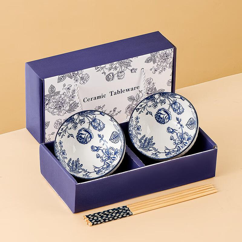 

Ru Han Blue Rose Ceramic Bowl & Chopstick Set