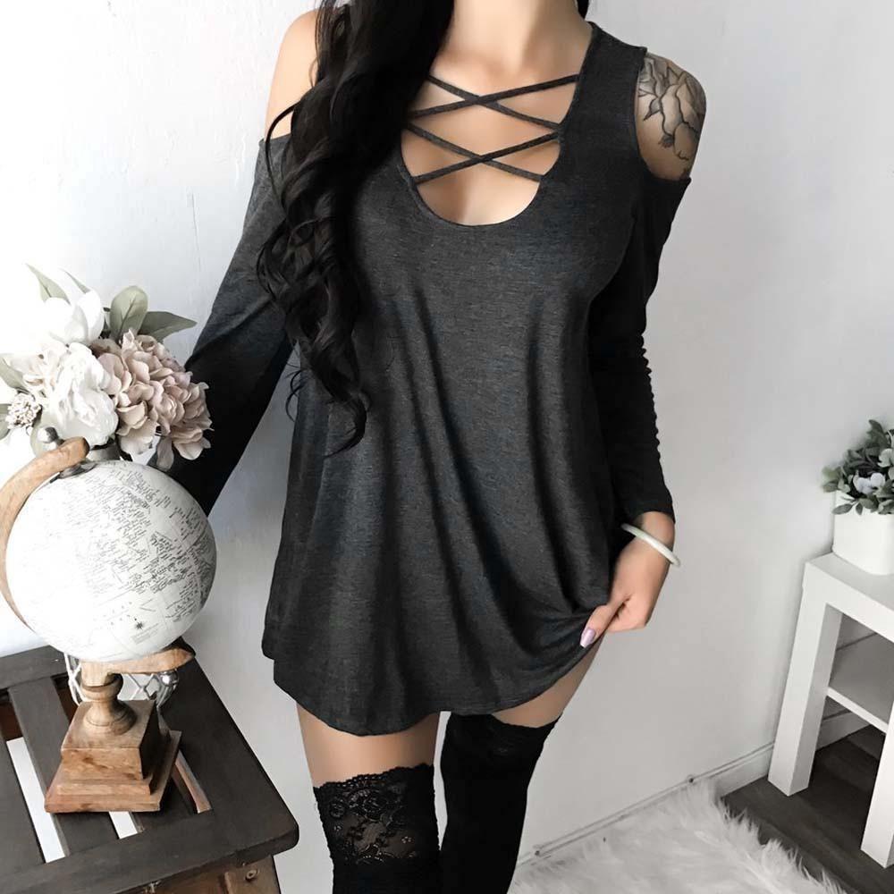

Fashion Summer Womens Sexy Off Shoulder Bandage Blouse Long Shirt Tops Sleeve L(Tag L=US S)
