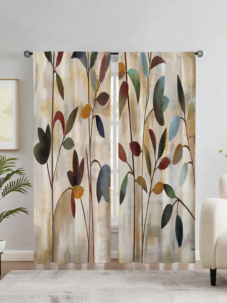 2pcs Watercolor Plant Leaves Curtains  Without Holes Curtain   Refer To Bedroom Office Kitchen Living Room Study Home Decor