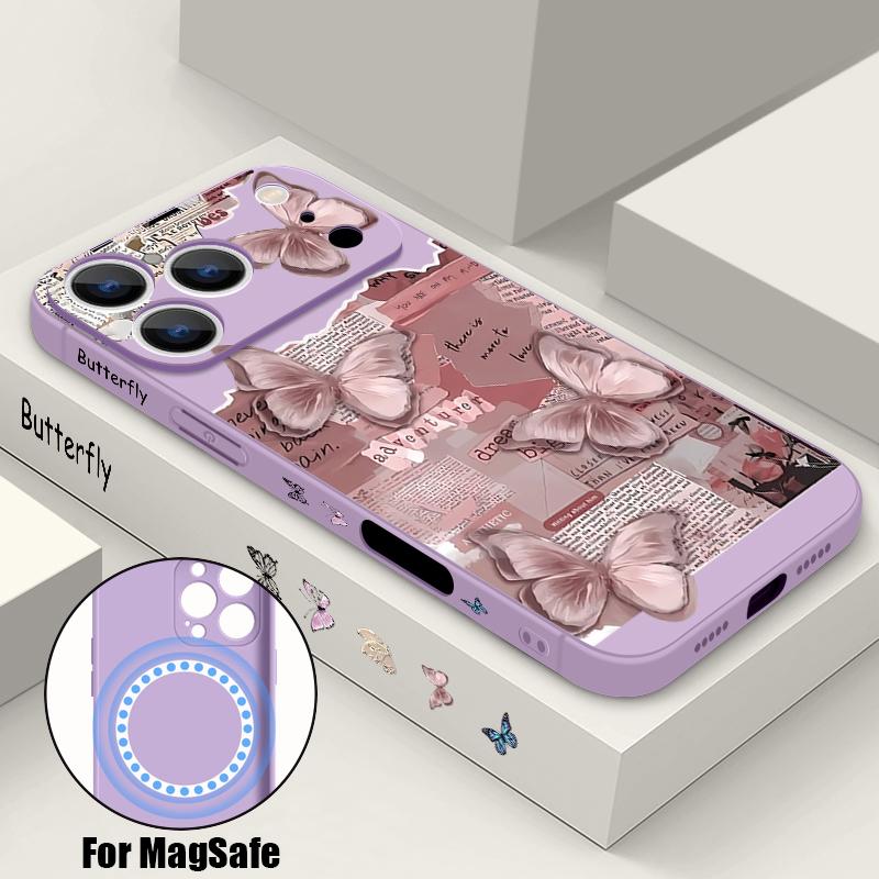 For iPhone 17 Pro Max Case INS Colorful Butterfly Flowers Pattern Magnetic For Magsafe Soft Cover For iPhone 16 15 14 13 Pro Max 17E 16E
