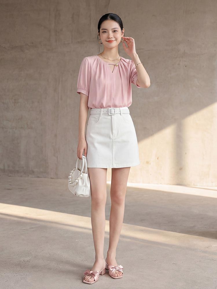 Fei Yuan A-line Skirt for Women with Belt and Double Pockets - Anti-exposure, Solid Color, Short, Petite Fit.