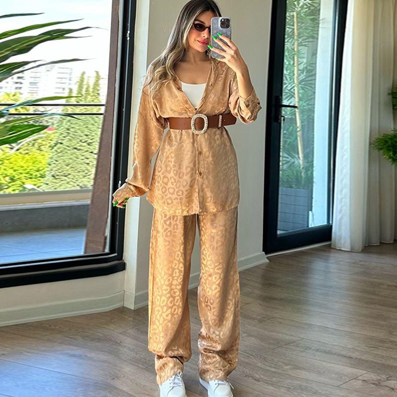 

Leisure Set2024 Spring and Autumn Women Advanced Sense Long sleeve Loose Leopard Print Fashion Casual European and American Two-piece Set Brown XL