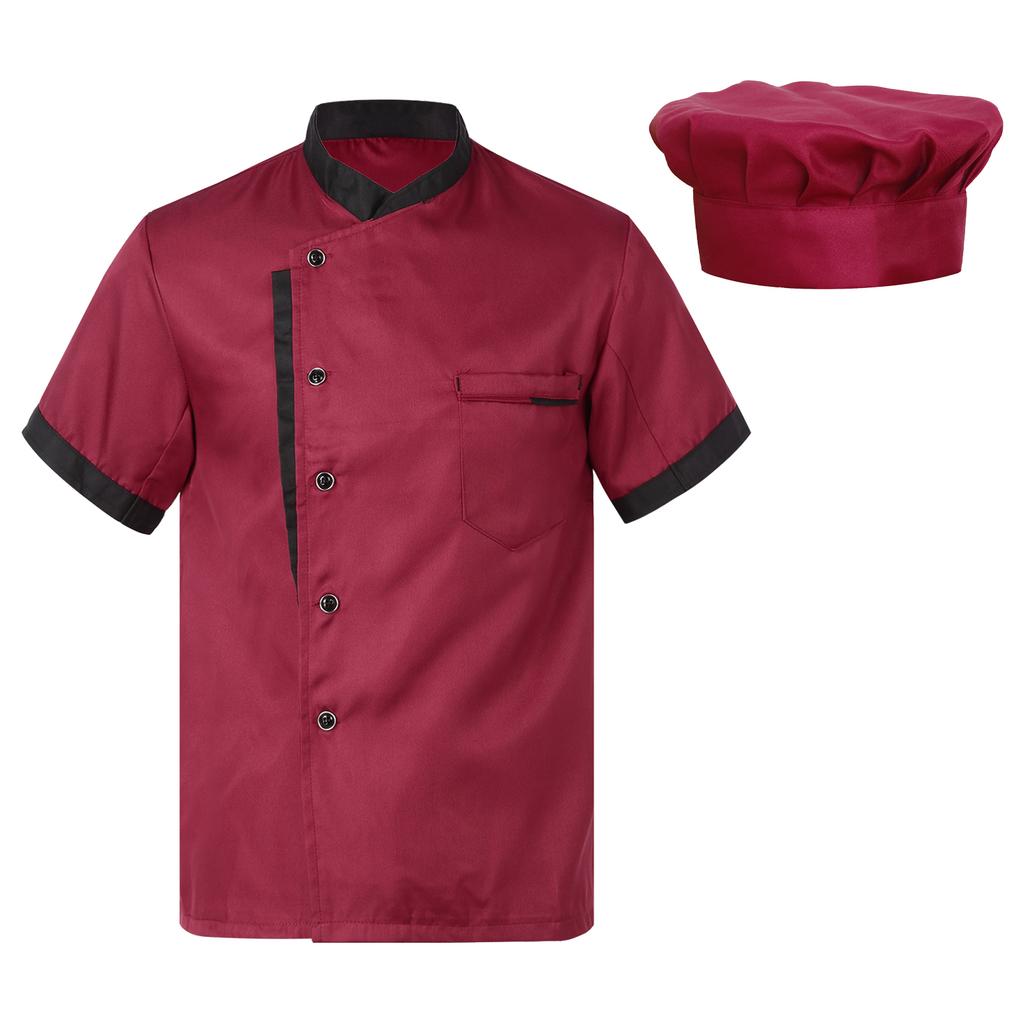 Unisex oddychający fartuch szefa kuchni z krótkim rękawem, zapinany na guziki, kurtka kucharza, uniform piekarni, kuchni, restauracji, czapka