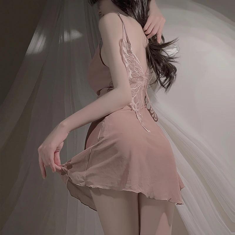 Сексуальная пижама для женщин, соблазнительная милая ночная рубашка с открытой спиной и подвязками в виде бабочки, женская пижама нового стиля