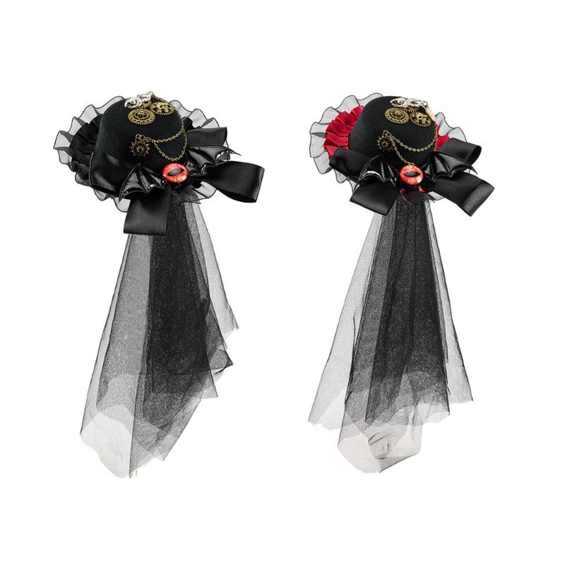 Steampunk Gothic Mini Top Hat with Metal Gear Chain and Lace Trim Unisex Creative Costume Headpiece for Halloween Party Cosplays