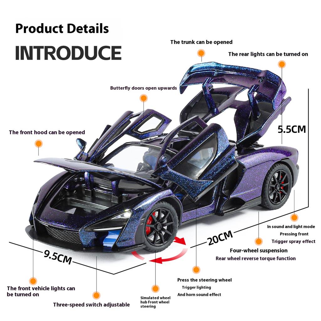 1/24 McLaren Senna Spray Sports Car Model Simulation Sound and Light Car Model Ornament Boy Gift Halloween Toys