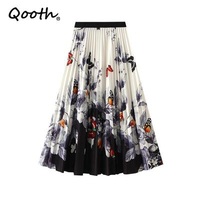 Frauen Elastische Taille Schmetterling Gedruckt Falten Rock Elegante Vintage Midi A-linie Rock Für Frühling Sommer QT2209