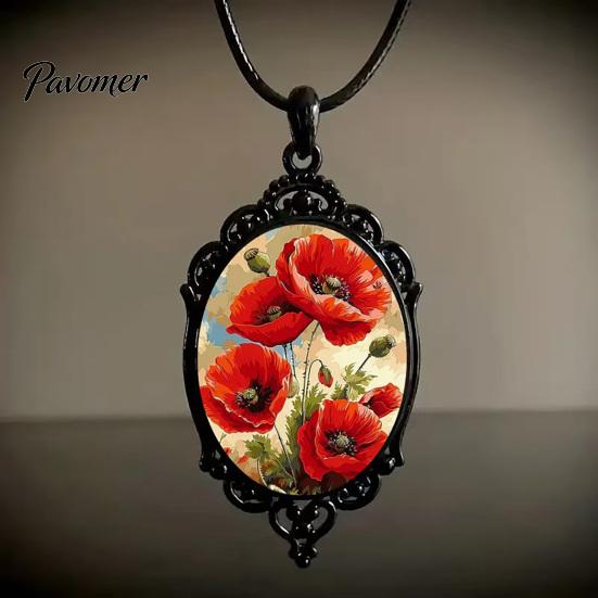 Whimsical Garden Party Accessories Oval Floral Pendant Necklace, Vintage Glass Dome Rose Retro Black Metal Jewelry Adjustable Cord for Women