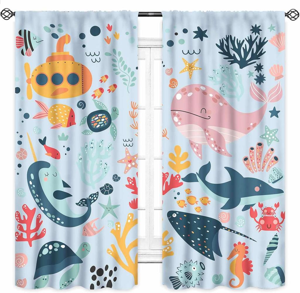 Blue Curtains Kids Room Cartoon Underwater Animals Sharks Turtles Nature Marine Plants Window Drapery Treatments Curtain Polyester Washable Children's