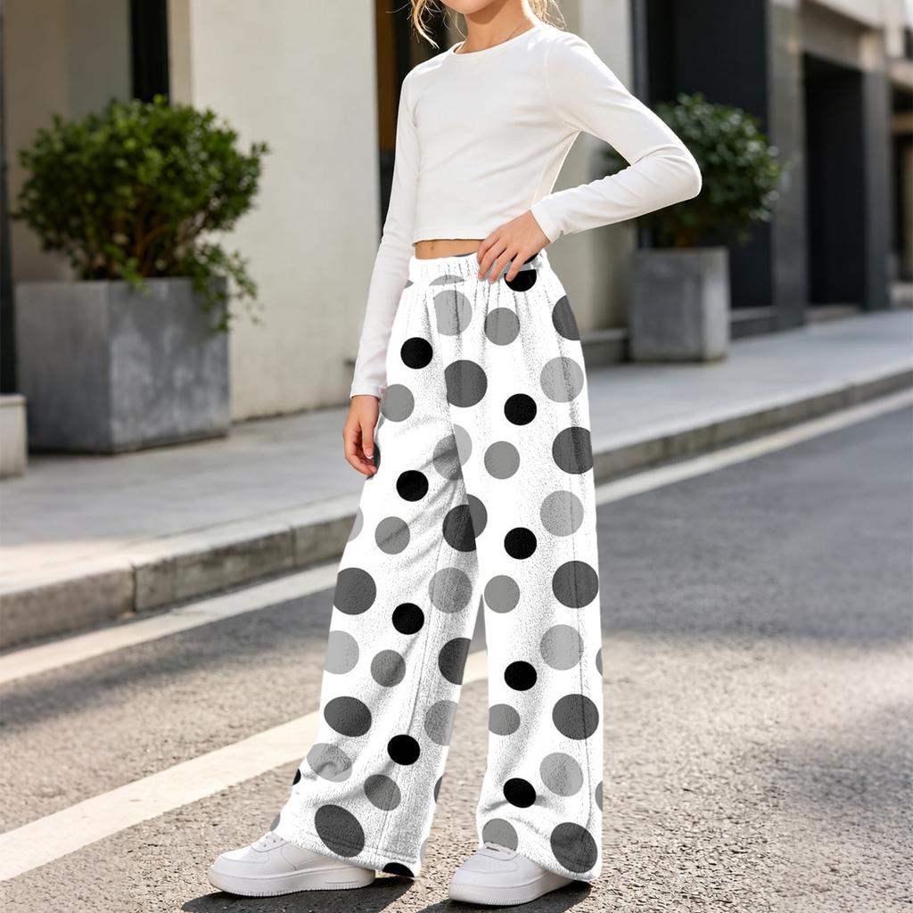 Girls' Flannel Pants Warm Polka Dot Print Comfortable Casual Bottoms for Everyday Wear
