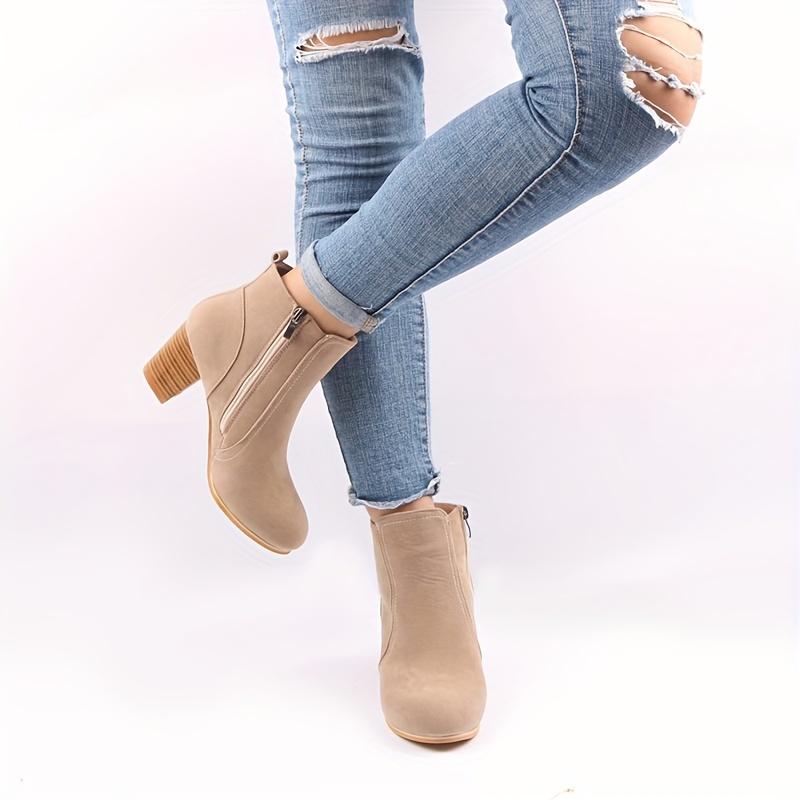 Beige Women's Round Toe Side Zipper High Block Heel Ankle Boots - Cover-Like Fabric Upper, Comfortable Thick Heel  Platform, Durable Rubber Sole
