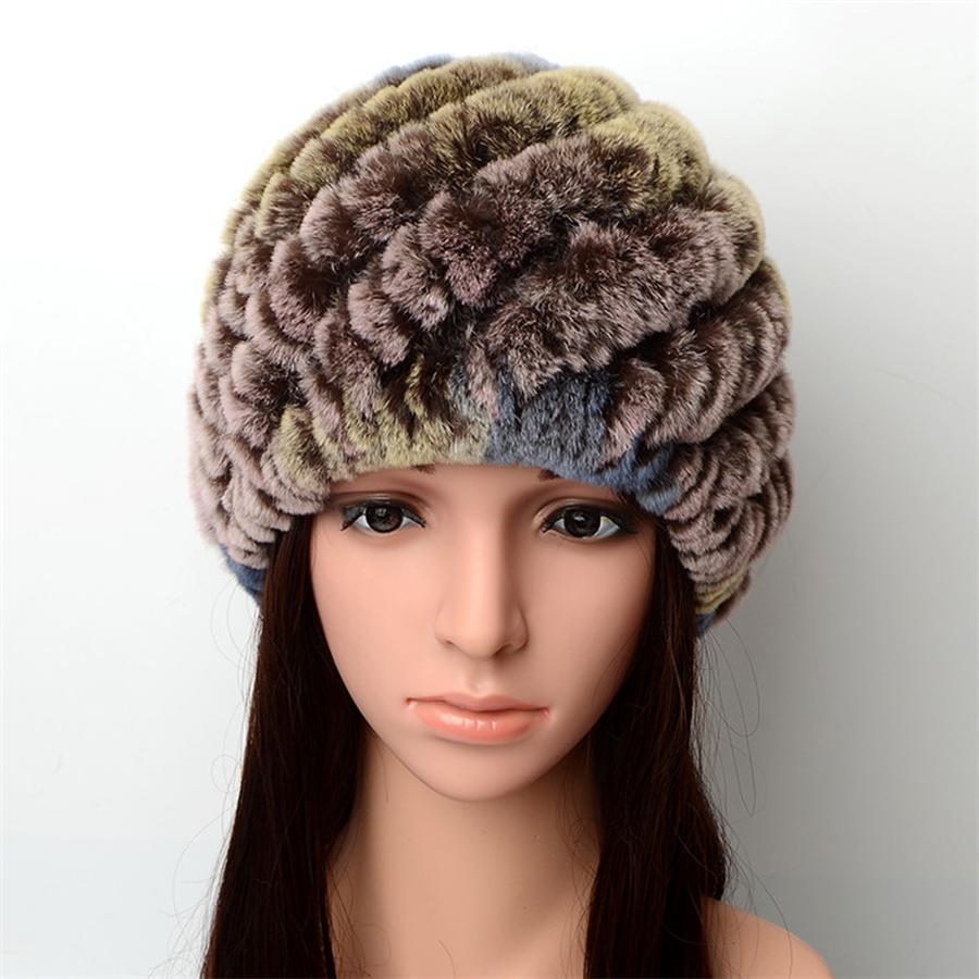 New Knitted Rabbit Fur Spiral Hat for Elderly Women Winter Thick Warm Pineapple Hat