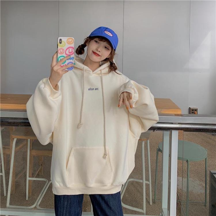 Autumn Winter Velvet Hooded Oversized Hoodie Women Loose Top Letter Print for Student Ladies