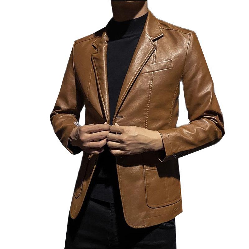Men Business Casual Faux Leather Jacket Black / Khaki Fashion Male Suit Collar Coats