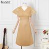 ZANZEA Elegant Women V Neck Short Sleeve Lace Patchwork Smooth A-line Dress Nonelastic