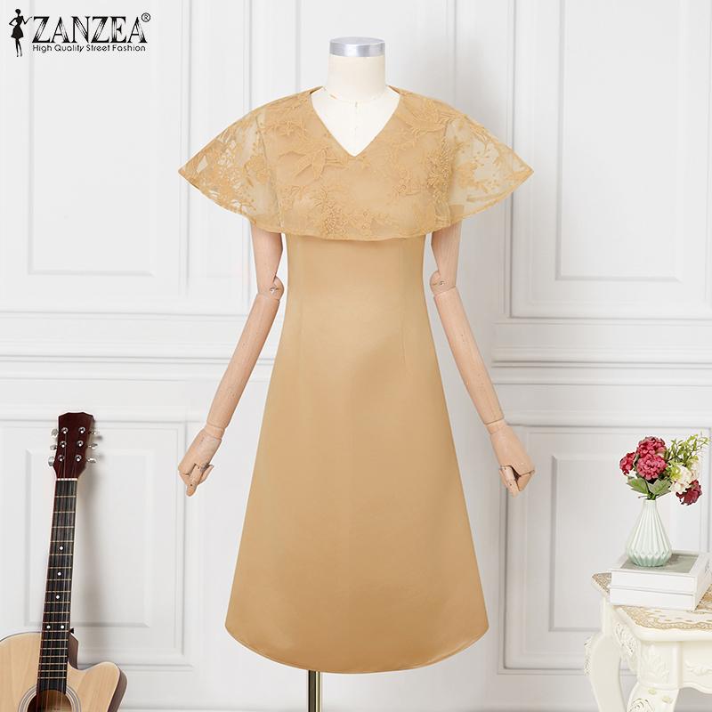ZANZEA Elegant Women V Neck Short Sleeve Lace Patchwork Smooth A-line Dress Nonelastic