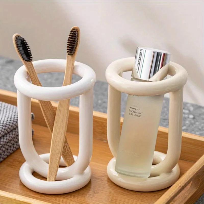 Nordic Style Luxury Ceramic Toothbrush Holder Stand Household Toothpaste Storage Organizer