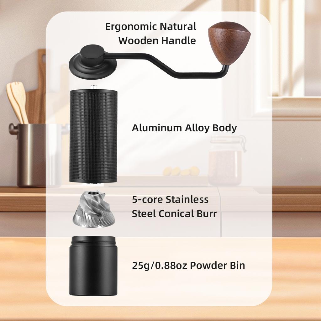 Manual Coffee Bean Grinder with Ergonomic Wood Crank 5 Core Conical Stainless Steel Burr 24 Gears