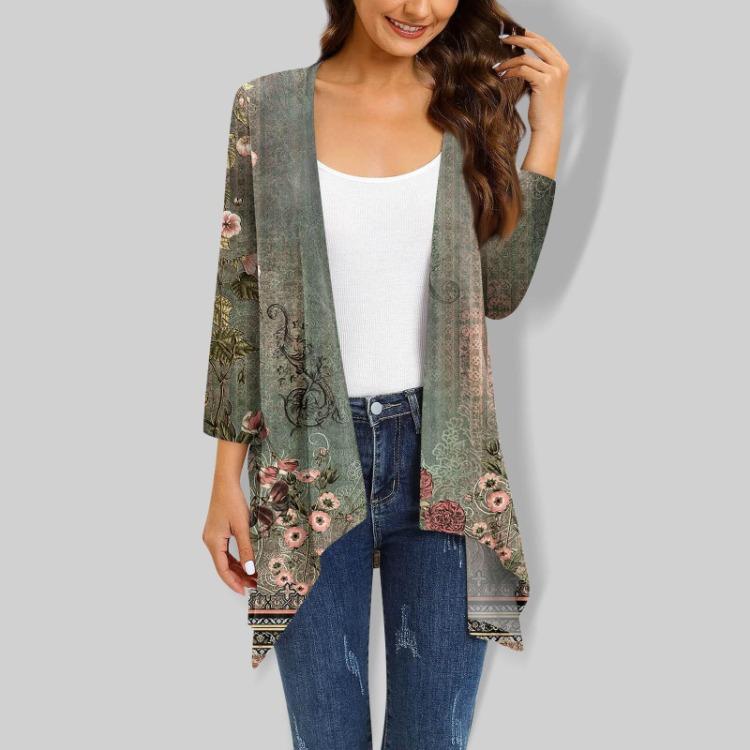 Damen Dreiviertelarm Strickjacke Jacke mit Tasche Unregelmäßiger Druck