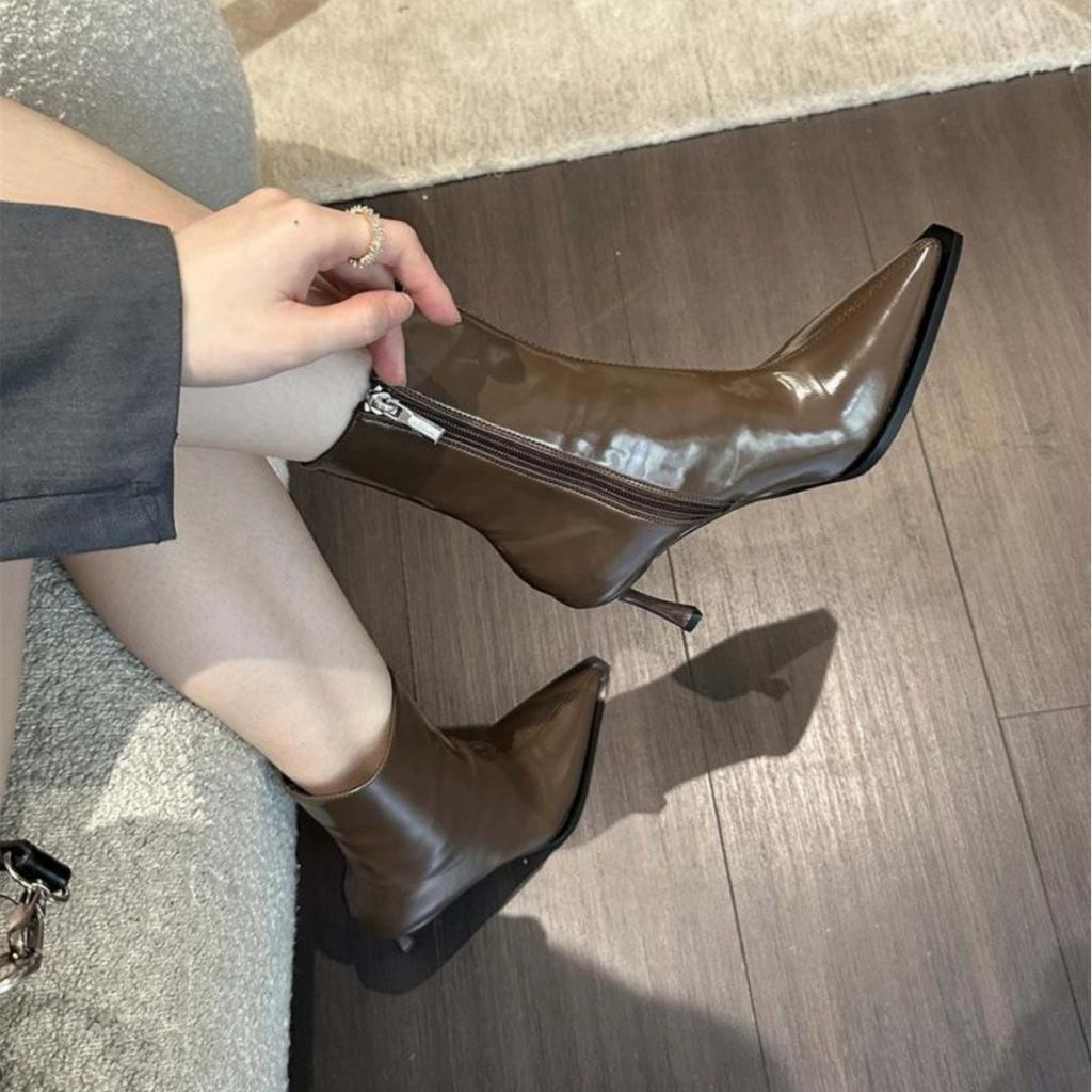 Patent Leather Short Boots Women'S High Heel Pointed Side Zipper Versatile Autumn And Winter Black Thin Heel Boots