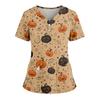 Women's Loose Short Sleeved Fashionable Halloween Print V-neck Buttonable Side Slit Top T-shirt