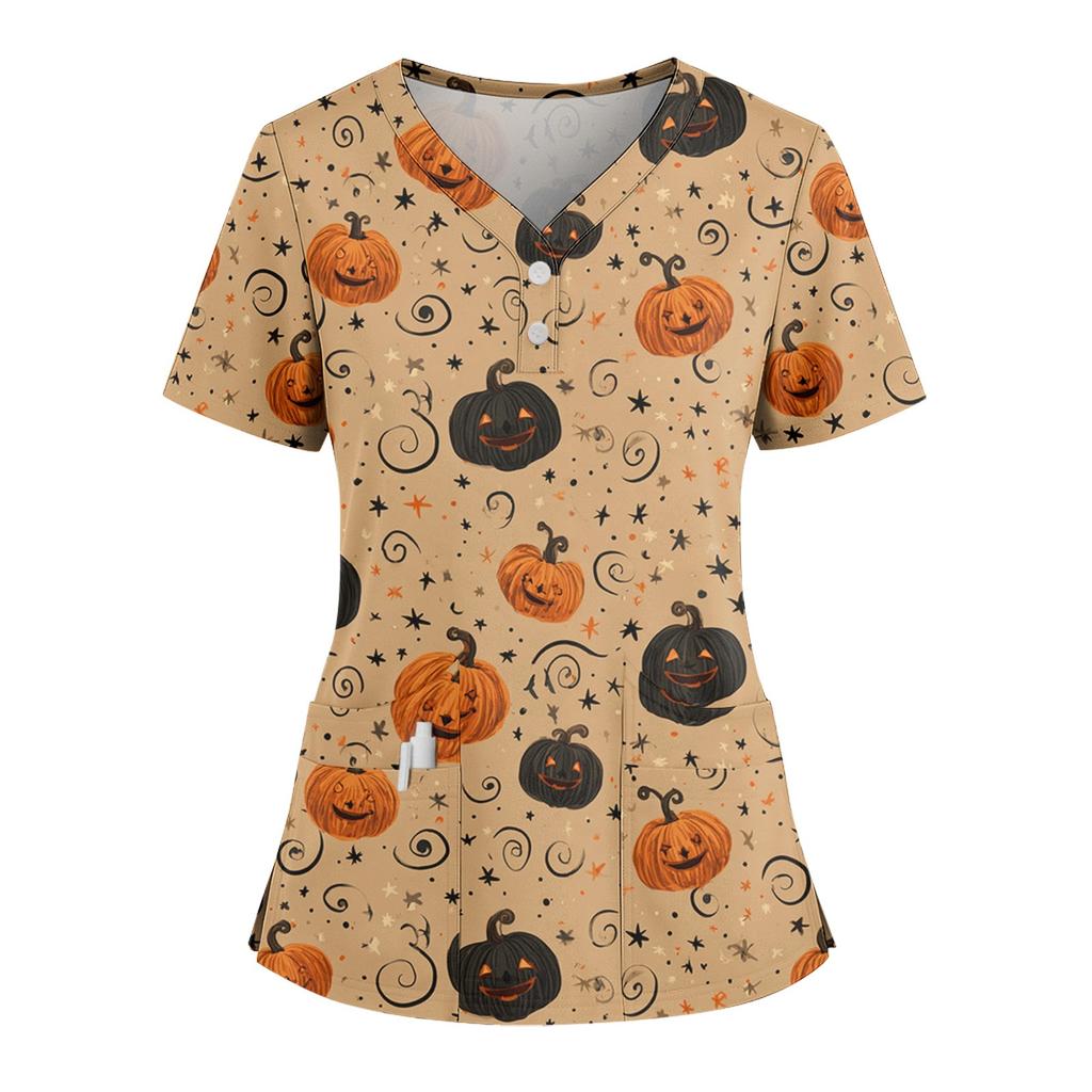 Women's Loose Short Sleeved Fashionable Halloween Print V-neck Buttonable Side Slit Top T-shirt