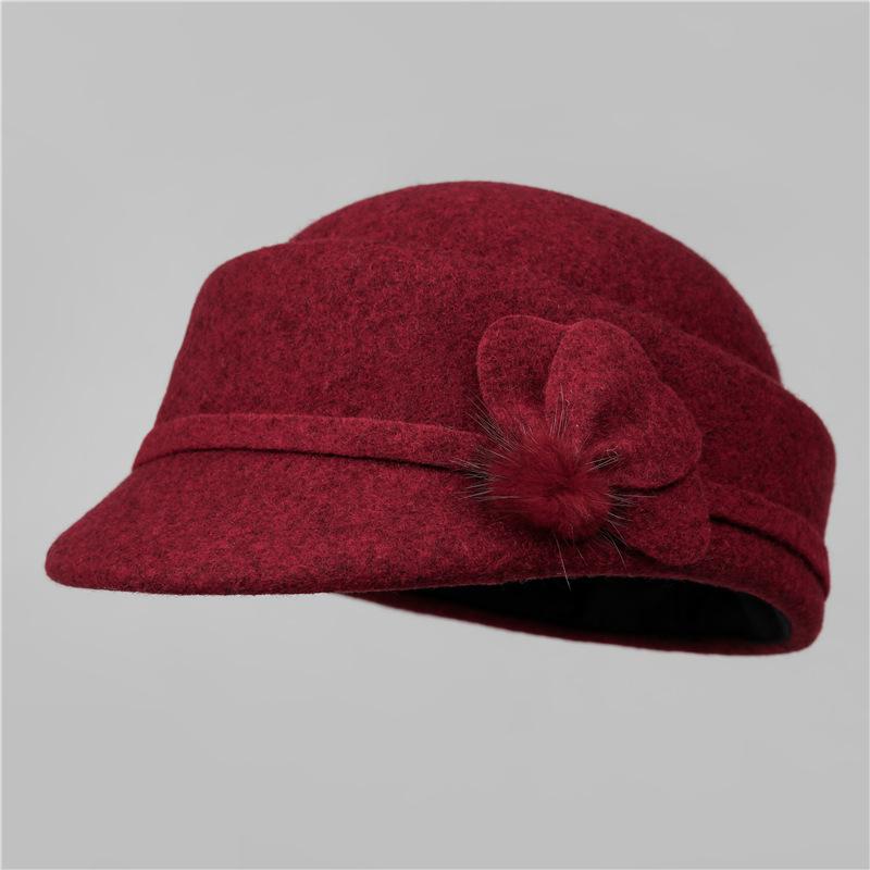 Retro Herbst- und Winter-Damenwolle, elegante dreiblättrige Blume warme kurzkrempige Schirmmütze, kleiner Reiterhut