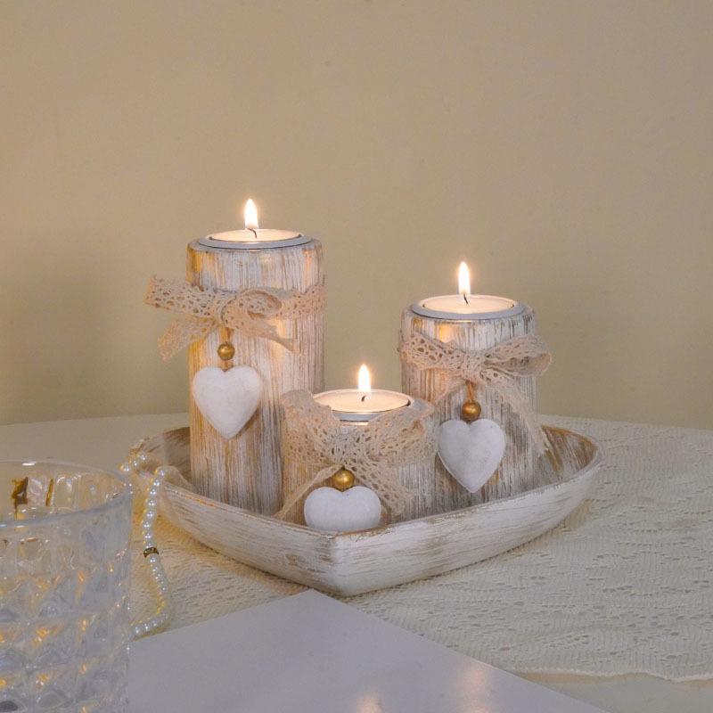 Heart-Shaped Wooden Candle Holder Tray Valentine's Day Home Decor Set