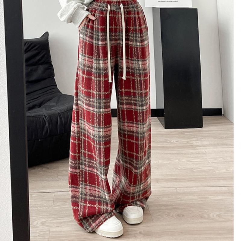 Woolen Floor Pants for Women's Autumn and Winter New Arrival Style Plush Pants for For Women Thick Straight Pants Casual Plaid Wide-leg Pants