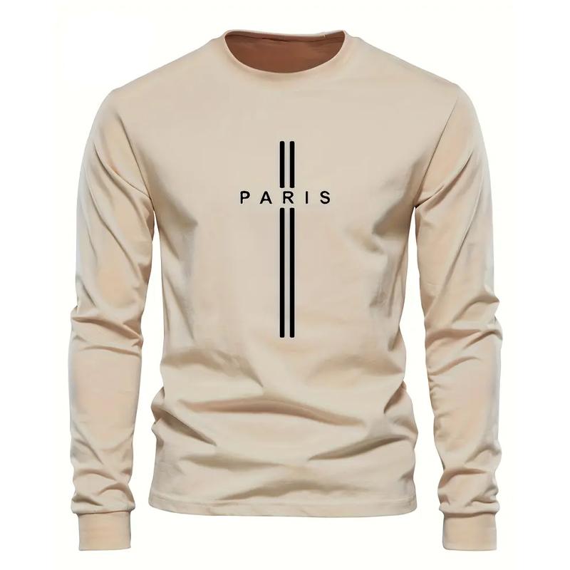 Mens Stylish Cross & Letter Print Long Sleeve T-Shirt Crew Neck for Spring & Fall