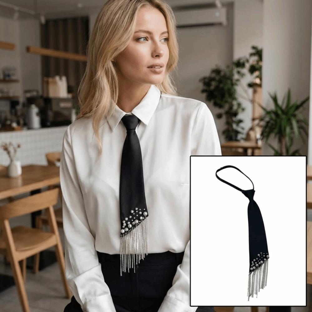 Korean Style Lazy Person Neck Tie Adjustable with Tassel Hand-beaded Long Necktie Easy To Wear Temperament Pre Tied Neck Tie