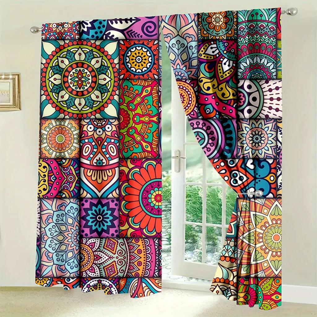 Set Of 2 Bohemian Colorful Mandala Print Curtains Design Drapes Window Decor Polyester Home Curtain With Rod Pocket