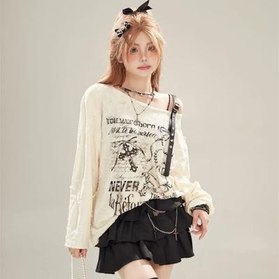 Dune Ödland Windzerfetztes Langarm-T-Shirt für Damen im Frühling und Herbst Locker Schlank Off-Shoulder Design Oberteile