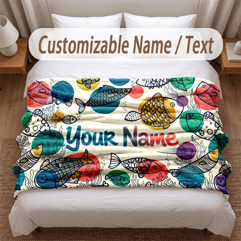 Fish Ocean Theme Soft Blanket Personalized Custom Name Text Print Warm Blanket Home Sofa Bedroom Decor